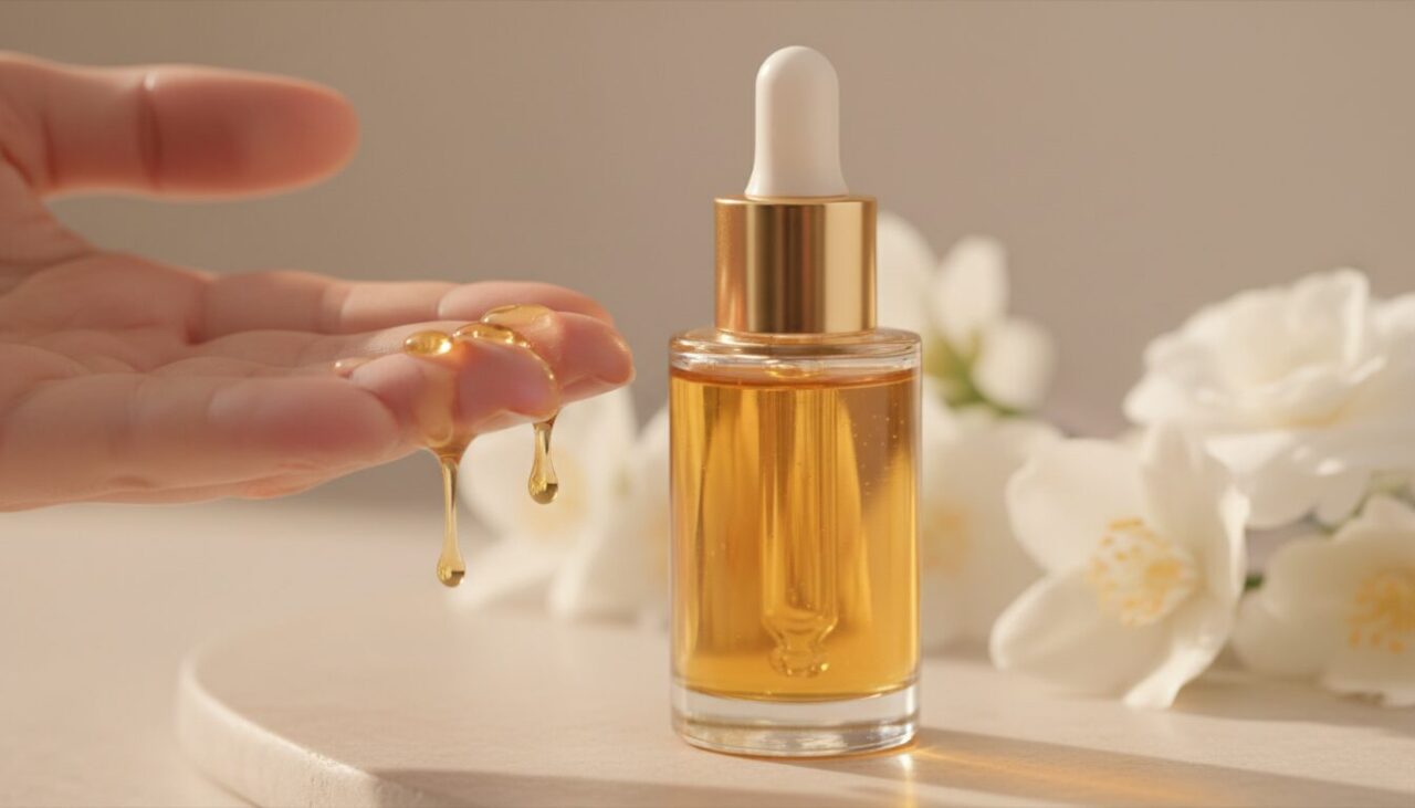 ガラスのドロッパーボトルとゴールドのフェイシャルオイル