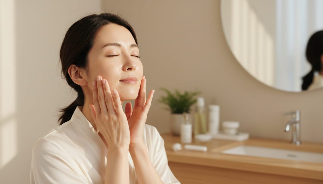 フェイシャルマッサージをする30代女性