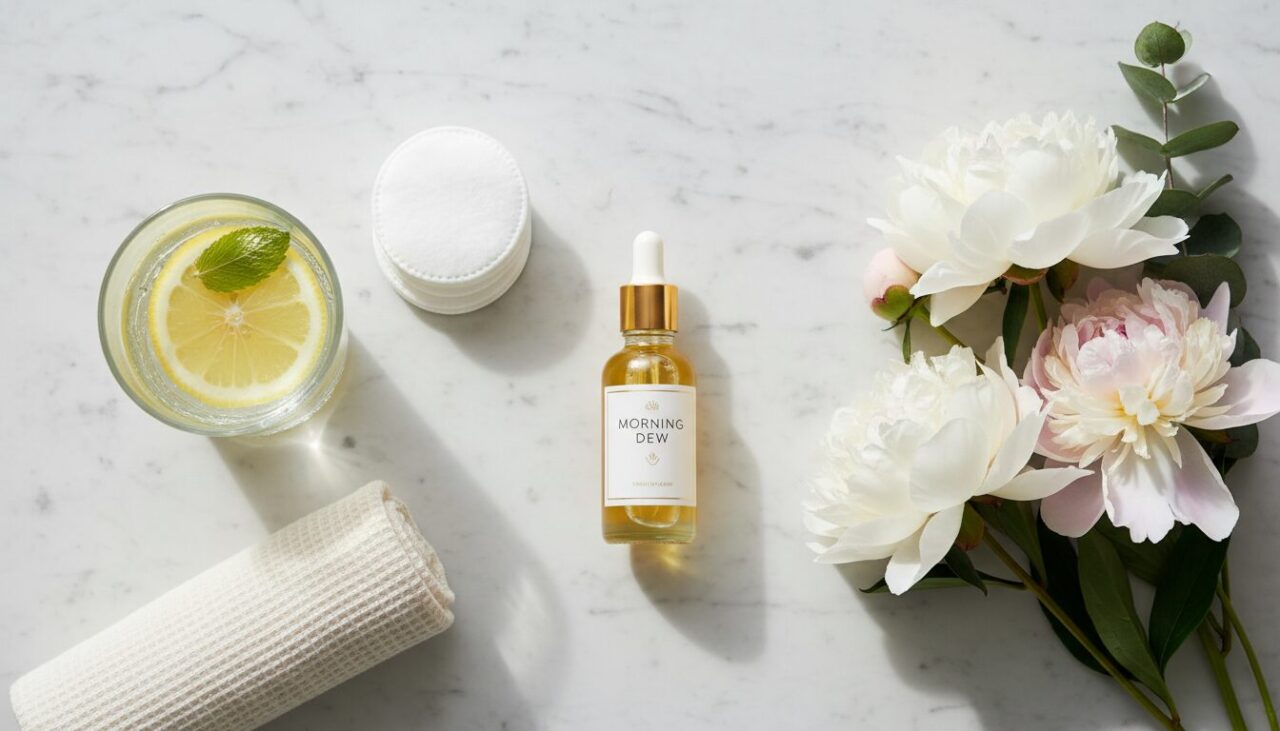 朝のスキンケアルーティン フラットレイ