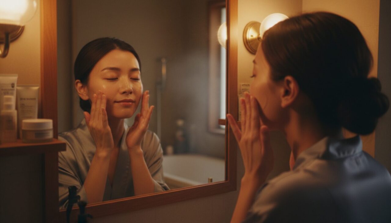 夜のスキンケアルーティン 鏡の前でオイルを塗る女性