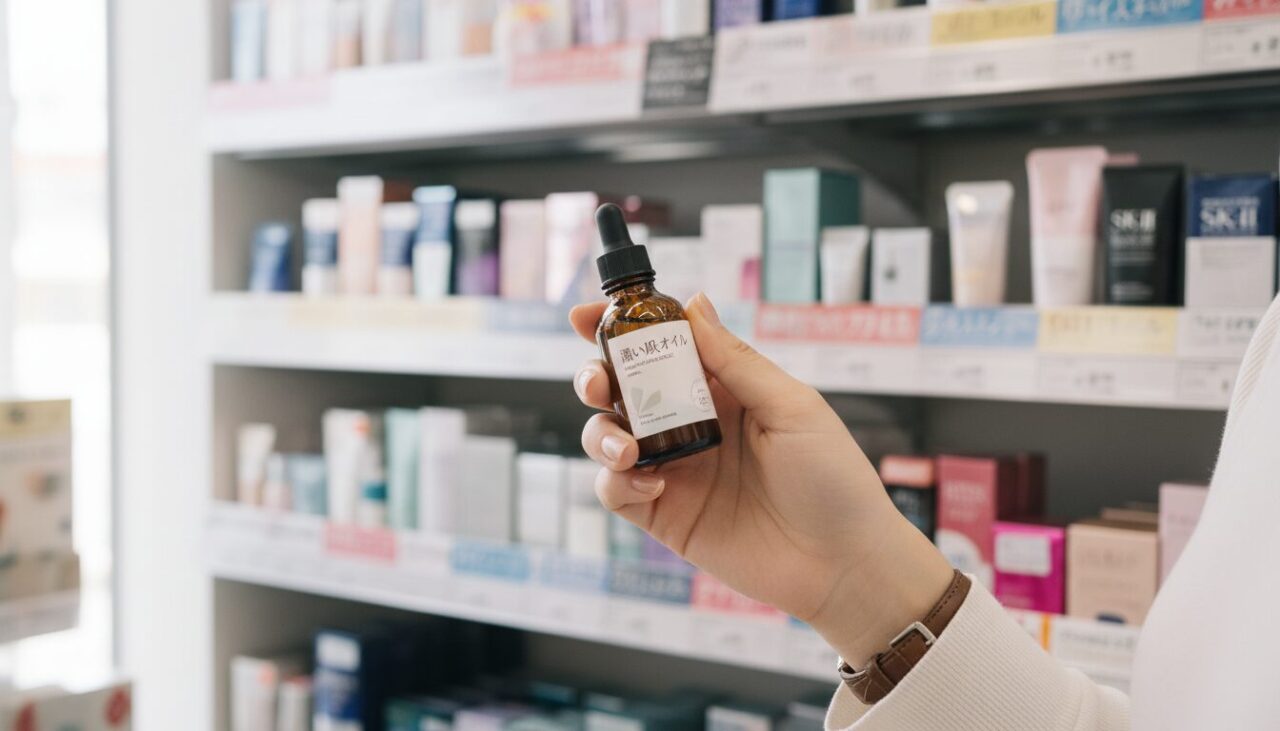 ドラッグストアでオイル美容液を手に取る女性