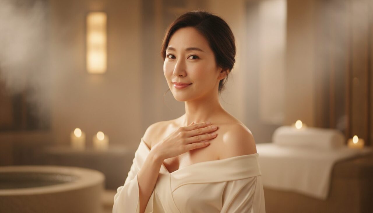 デコルテに手を当てる30代女性 スパの雰囲気