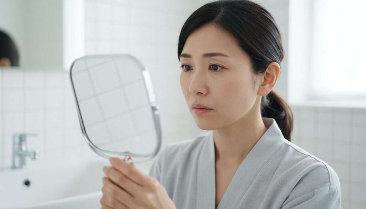鏡で毛穴をチェックする30代女性
