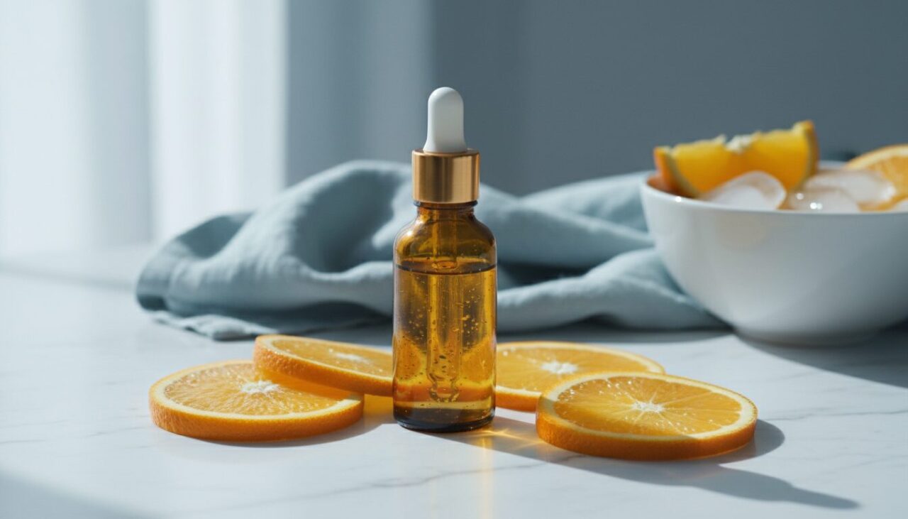 ビタミンC美容液のボトルとオレンジ