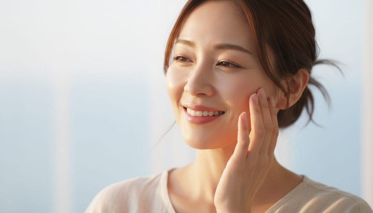 頬に触れて肌のなめらかさを実感する女性