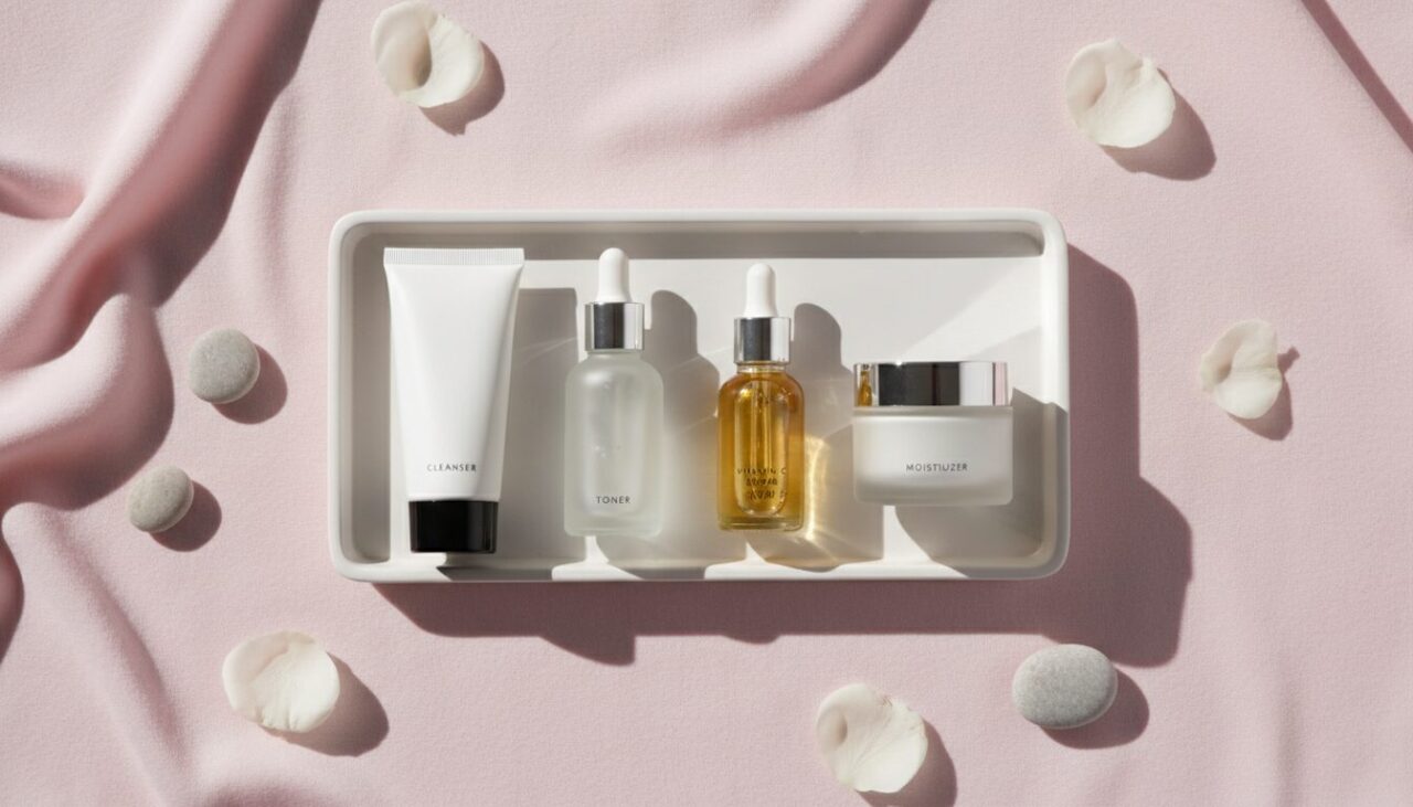 スキンケアアイテムのフラットレイ