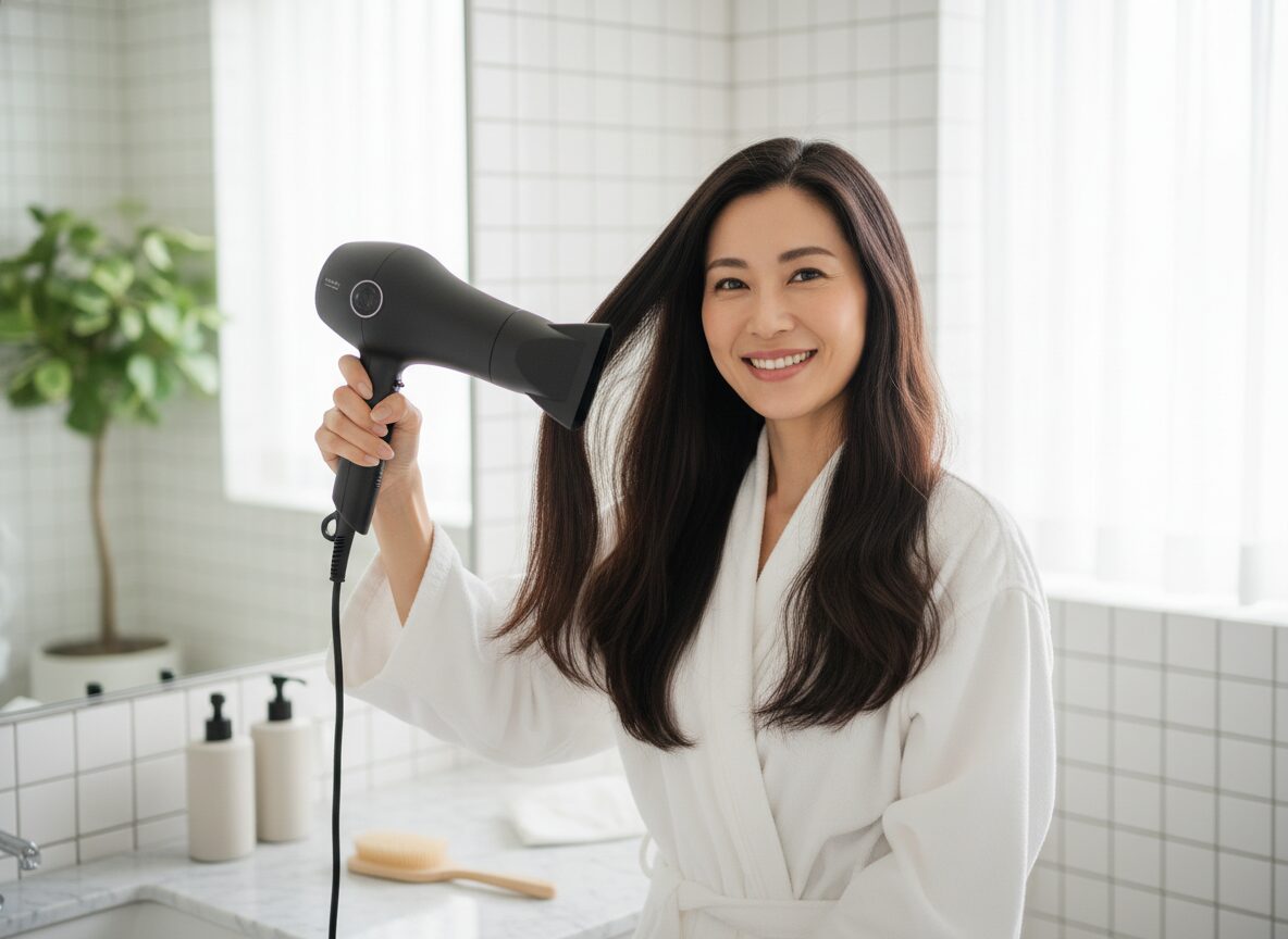 ドライヤーで髪を乾かす30代女性