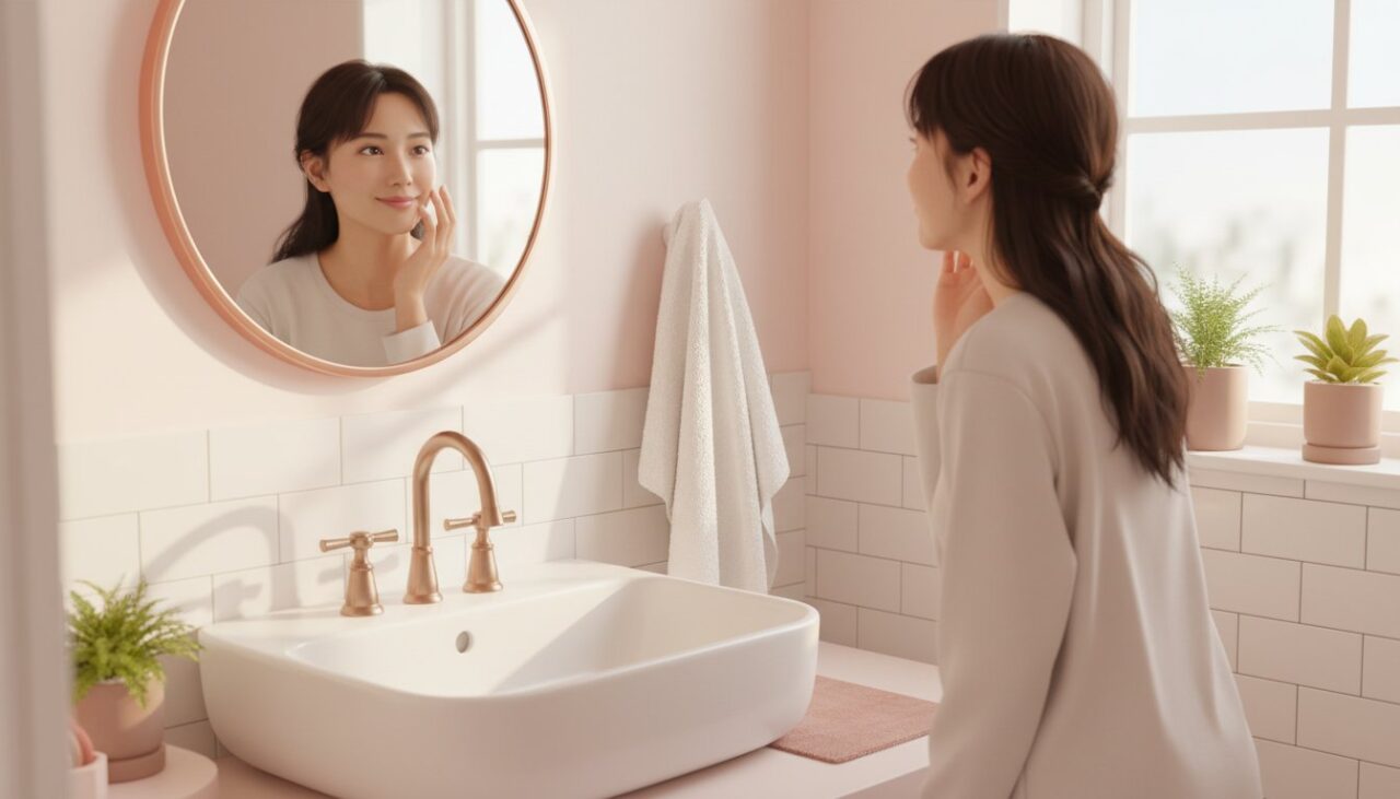 朝の洗面台で鏡を見る30代女性