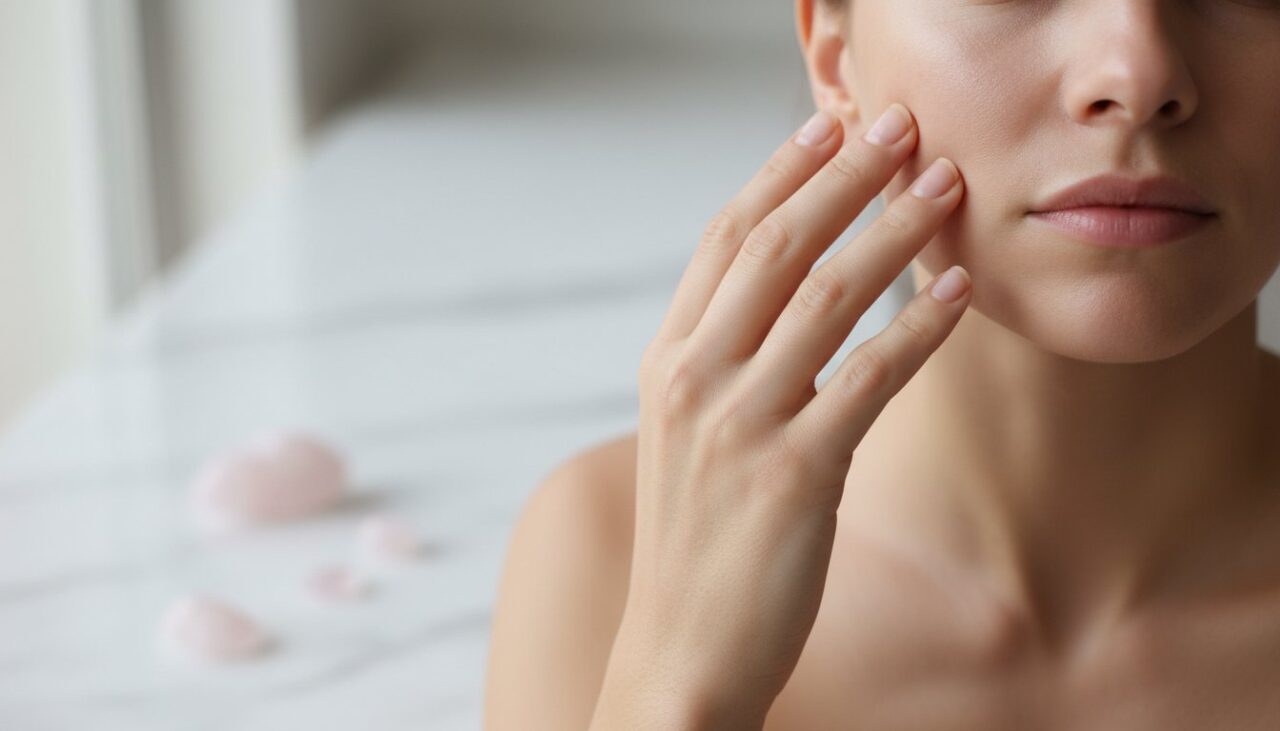 頬に手を当てて肌の弾力を確かめる女性