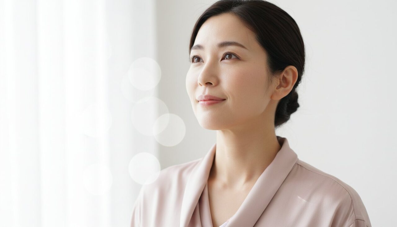 穏やかな表情で窓辺に佇む30代女性