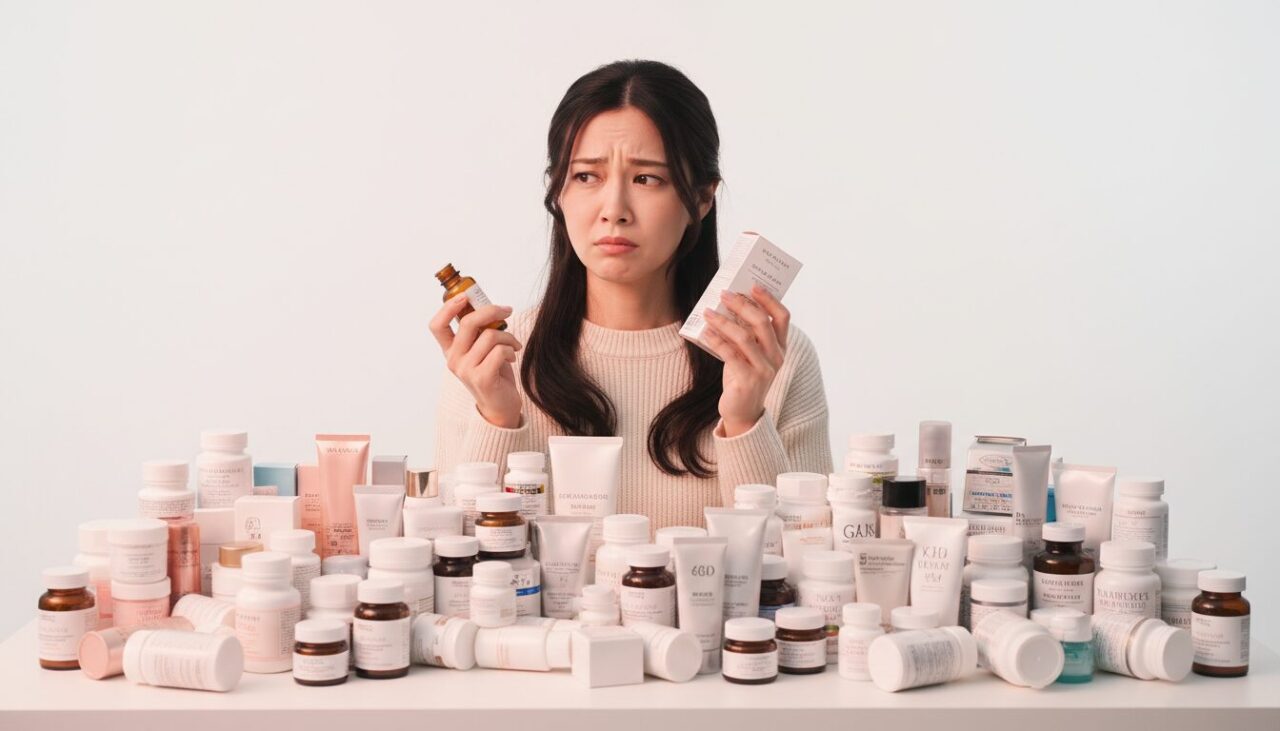美容アイテムに囲まれて迷う30代女性
