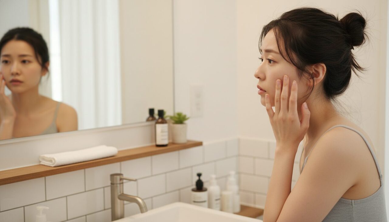 朝の鏡で肌の乾燥が気になる30代女性
