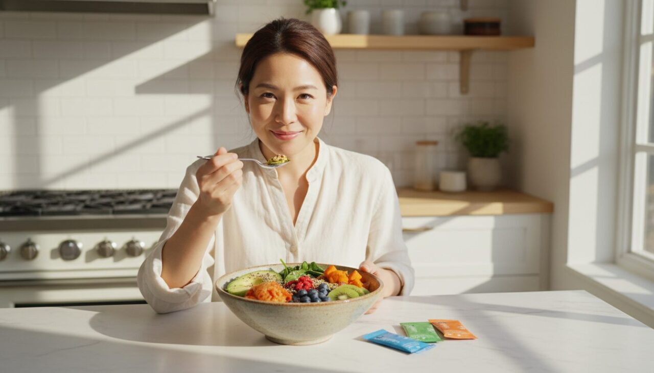 朝食とサプリでインナーケアをする30代女性