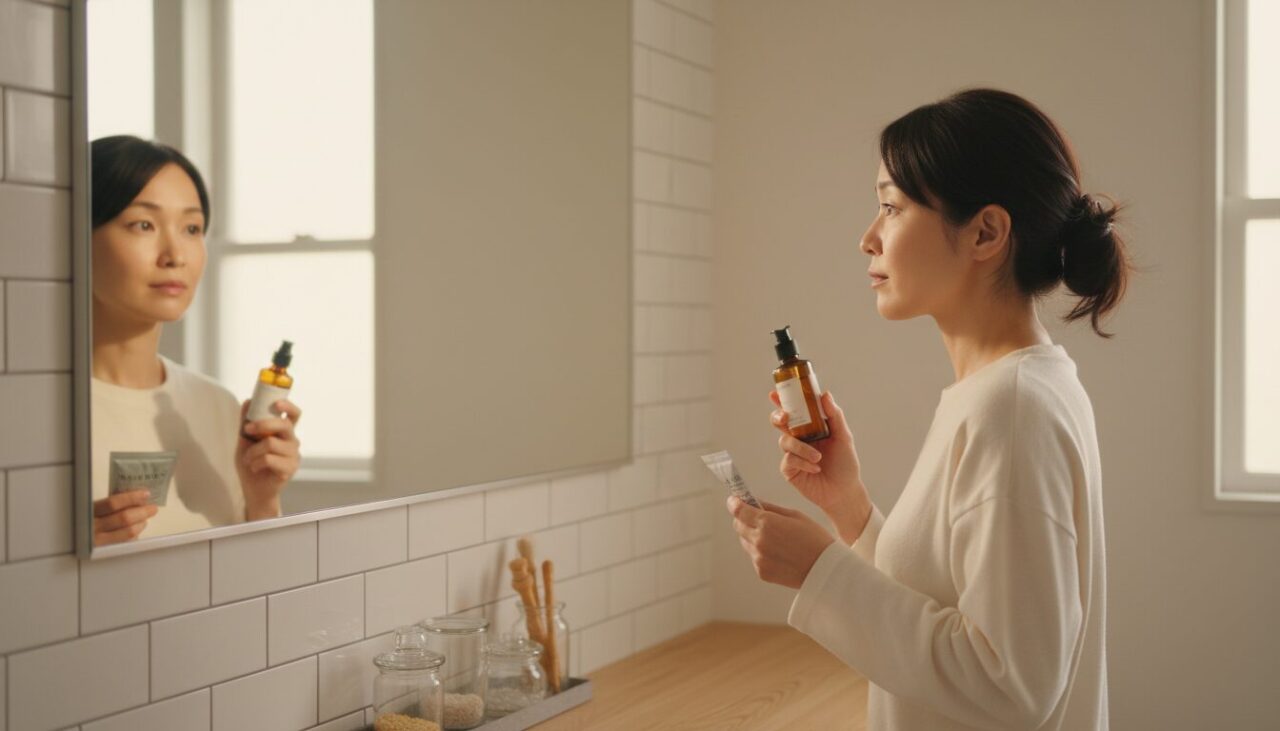 鏡の前でスキンケアとサプリを手にする30代女性