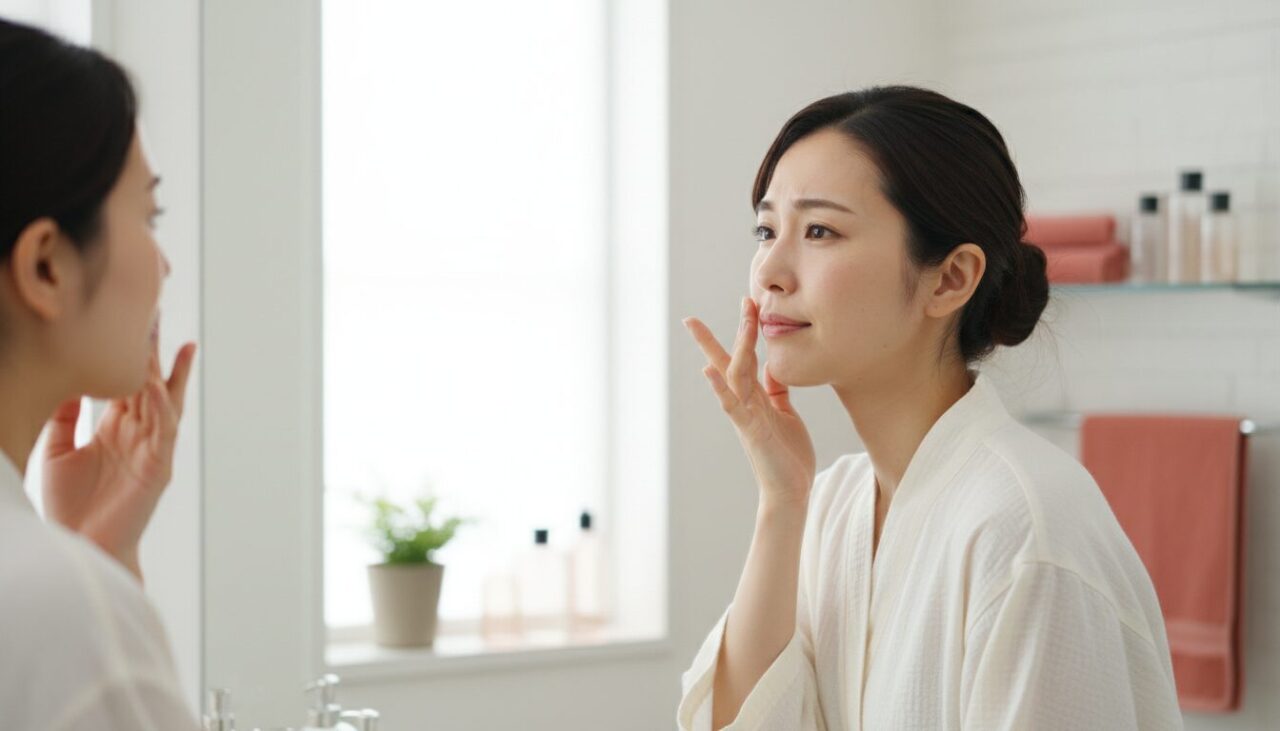 鏡で毛穴を気にする30代女性