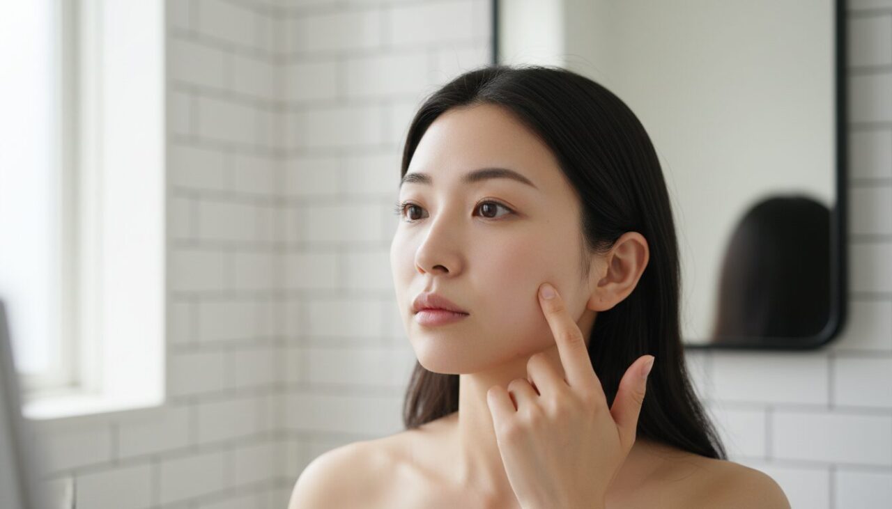頬の毛穴をセルフチェックする女性