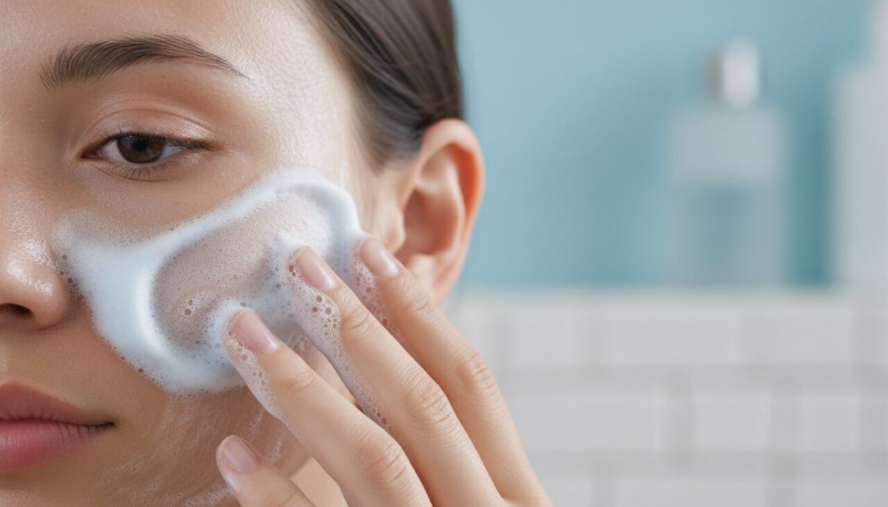 ジェルクレンジングで洗顔する女性