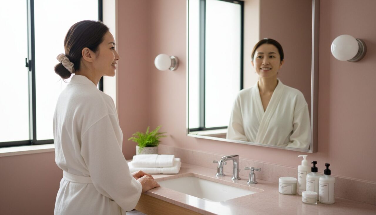 朝の鏡で肌に満足する30代女性