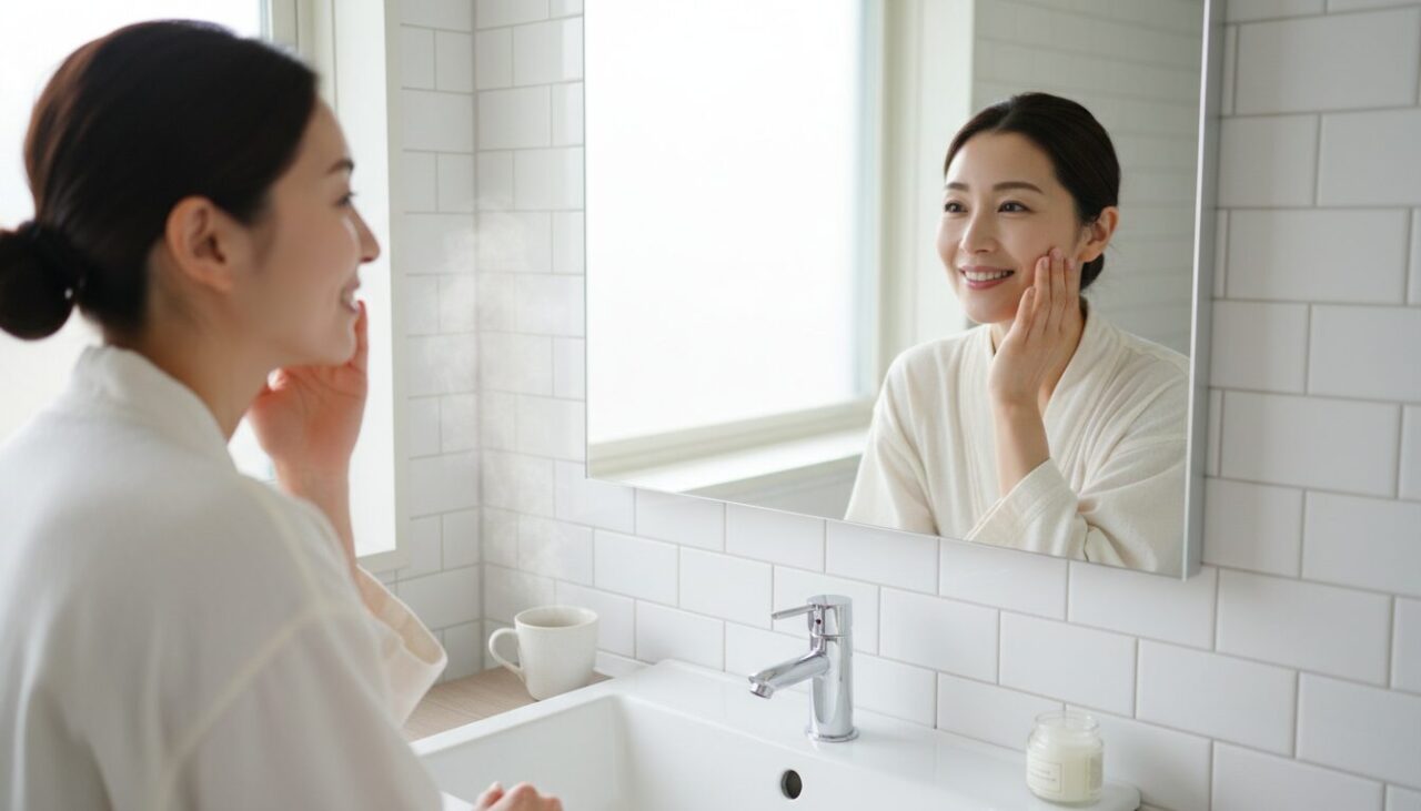 満足のいく素肌で微笑む30代女性