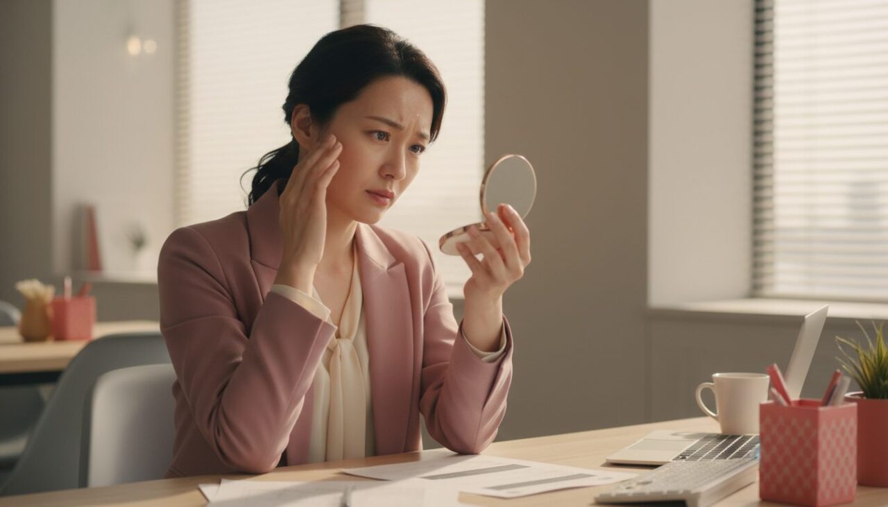夕方にオフィスで鏡を見る30代女性