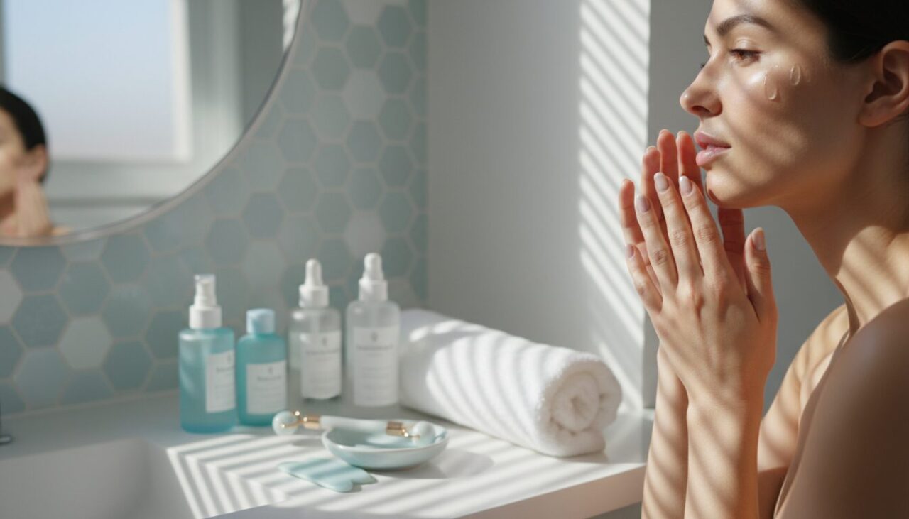 朝の洗面台でスキンケアする女性