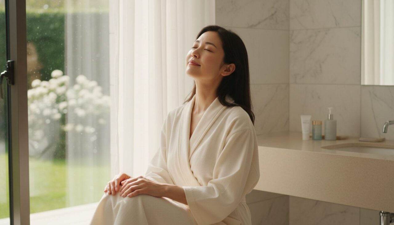 朝の光の中でスキンケアがなじむのを待つ女性