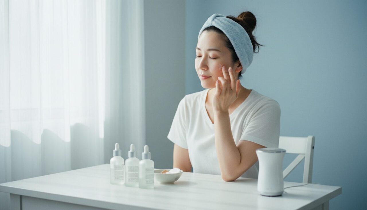 朝のスキンケアルーティンをする30代女性