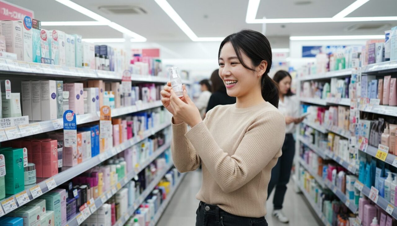 ドラッグストアでスキンケア製品を選ぶ女性