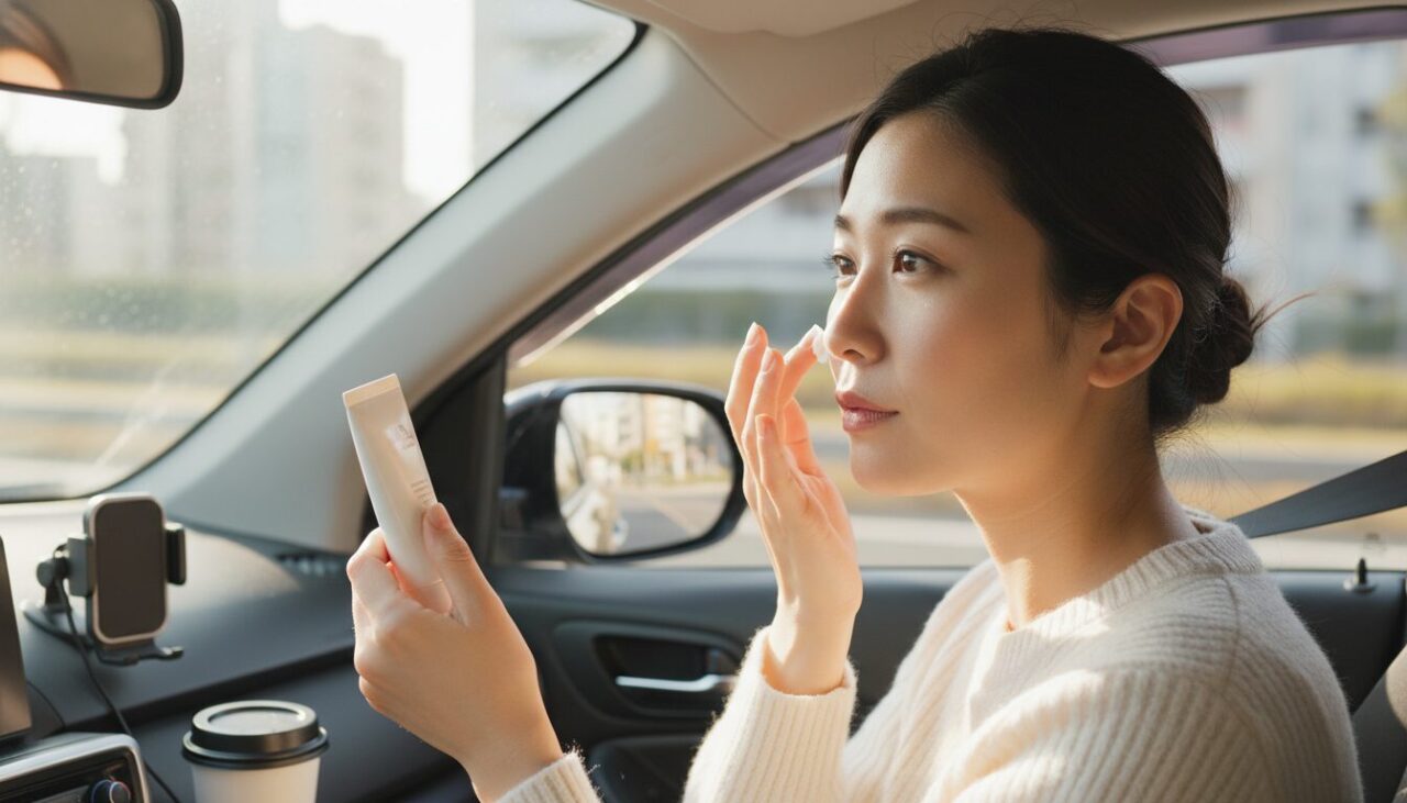 朝の外出前に日焼け止めを塗る女性