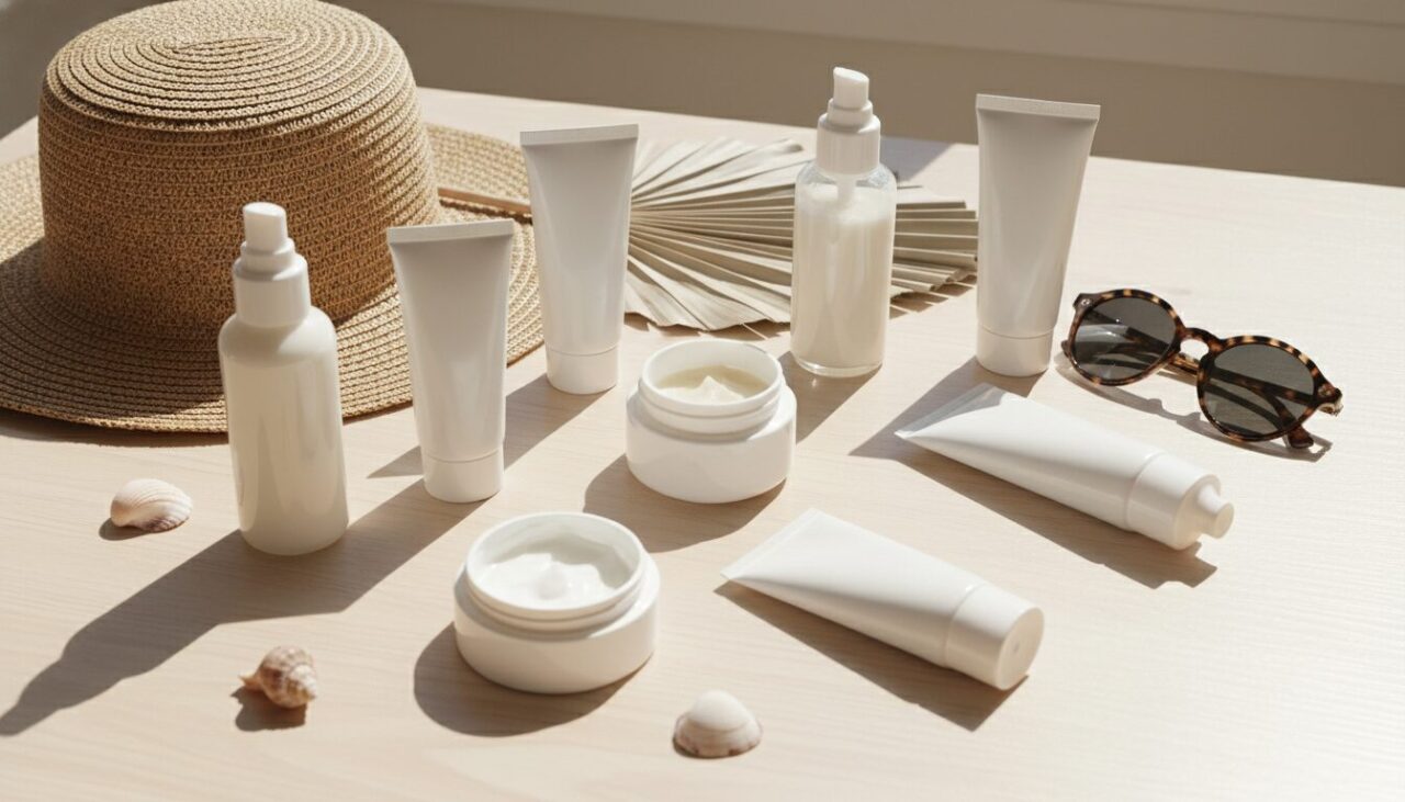 日焼け止め製品のフラットレイ