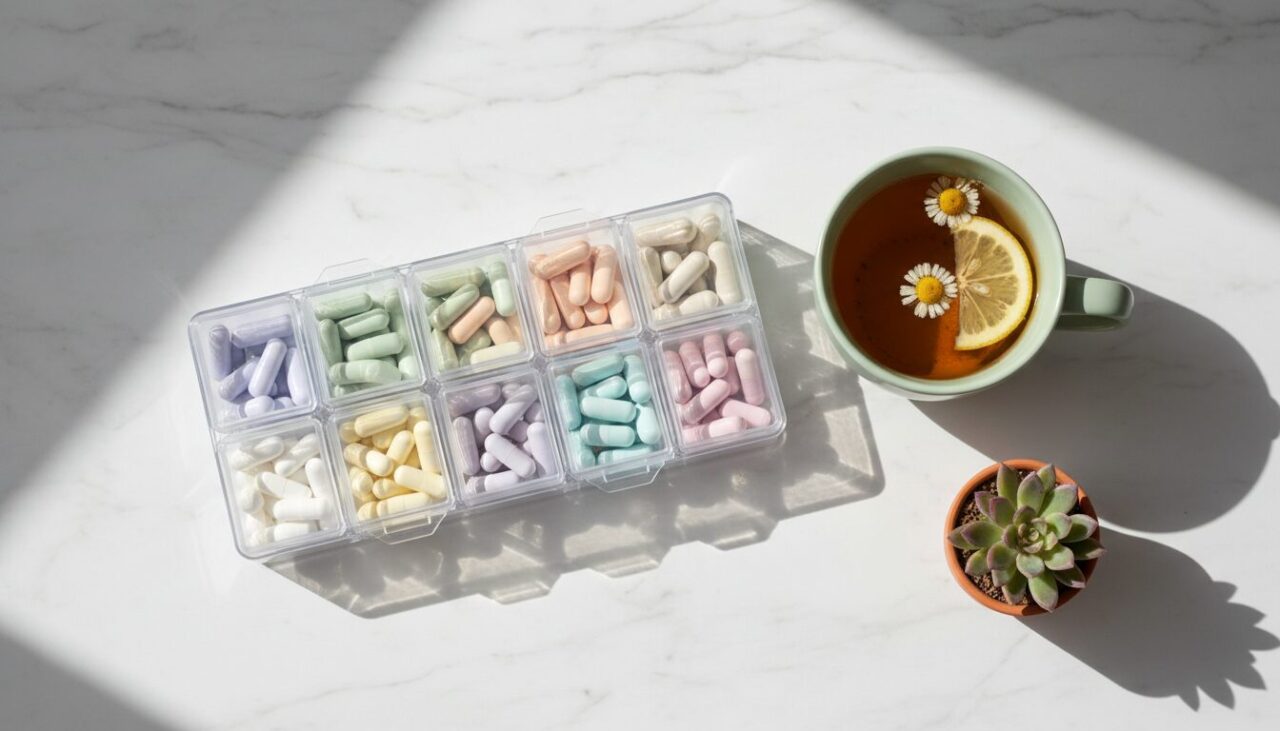 サプリの週間オーガナイザーとハーブティー