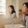 春の朝、鏡で肌の調子を確かめる30代女性