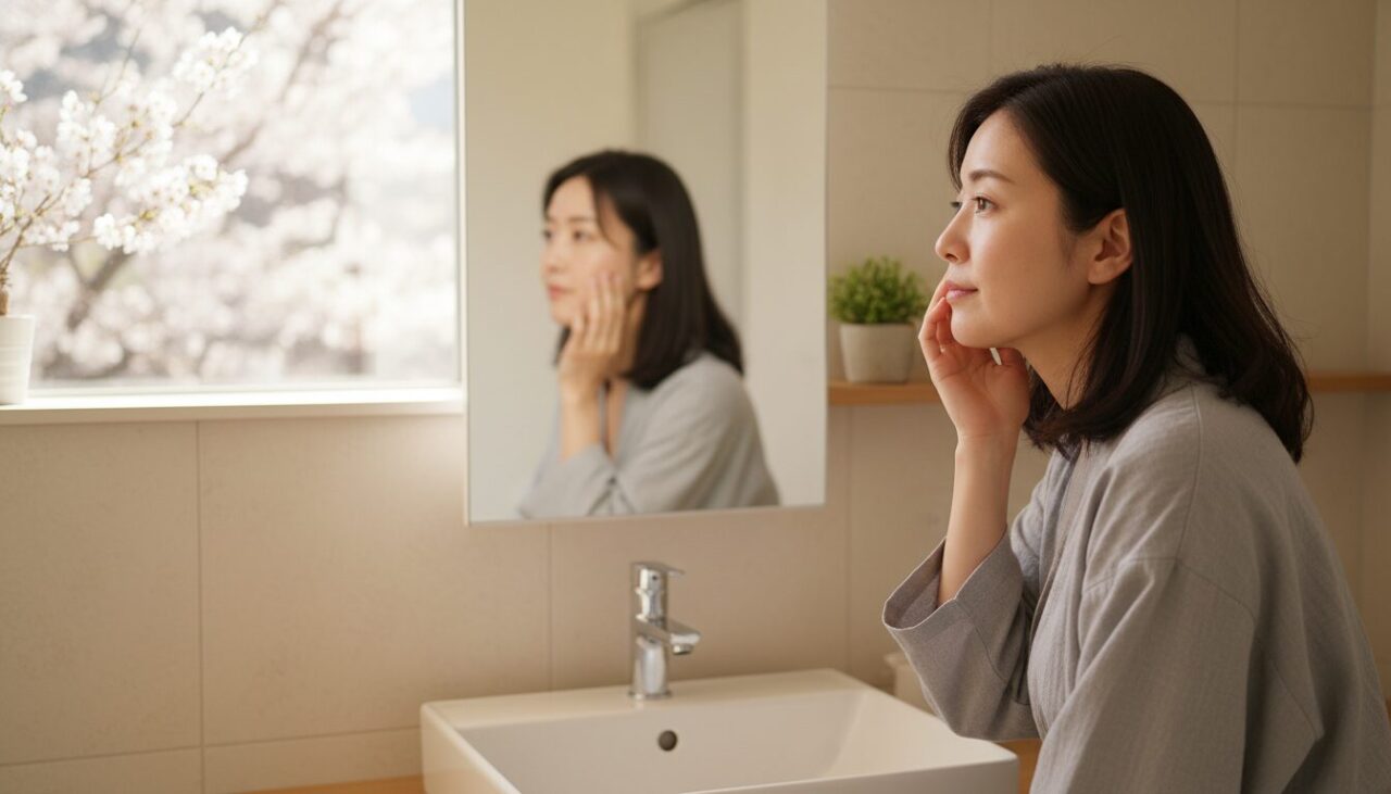 春の朝、鏡で肌の調子を確かめる30代女性