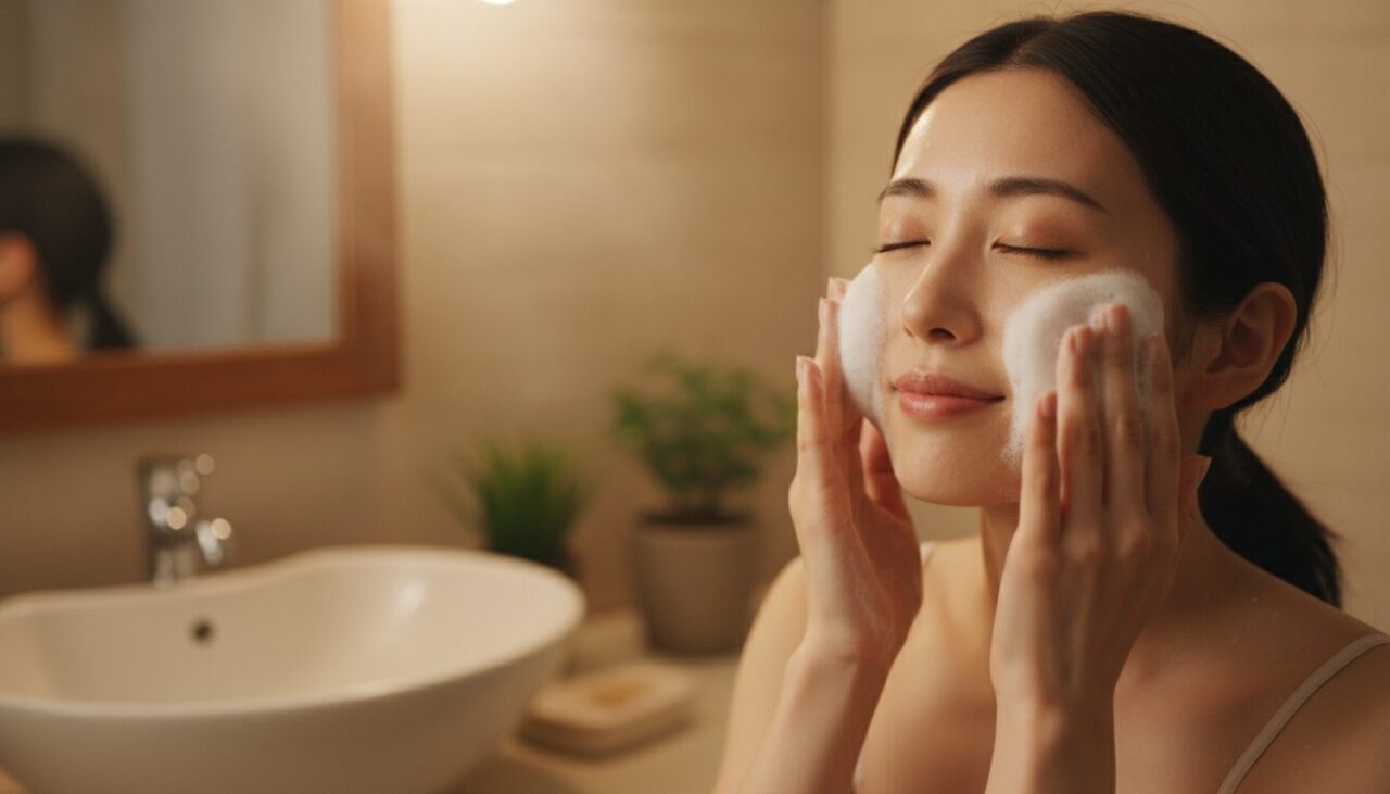 やさしい泡洗顔をする女性