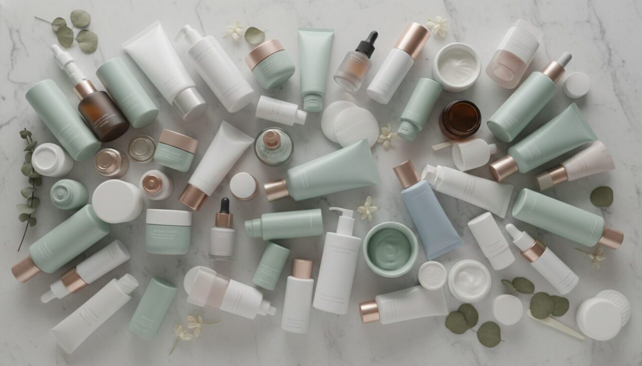 たくさんのスキンケア製品が並ぶ洗面台