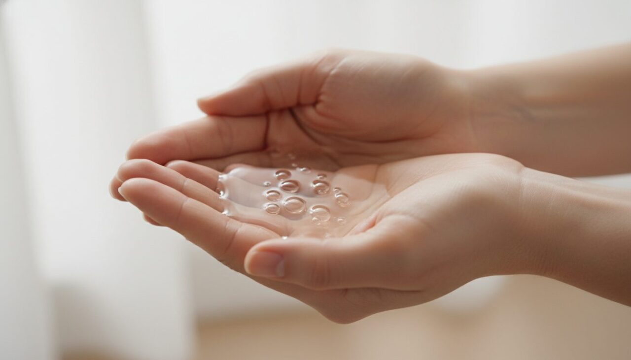 手のひらに化粧水をとる