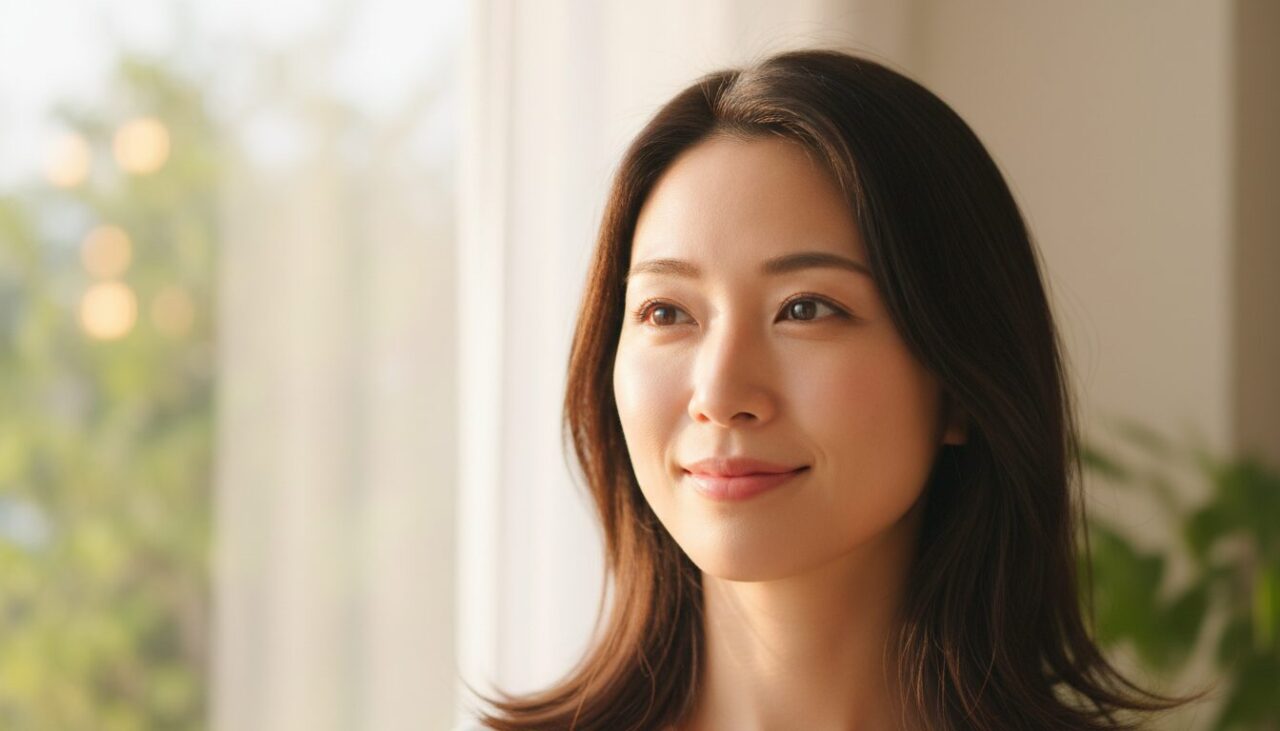 朝の光の中で微笑む30代女性