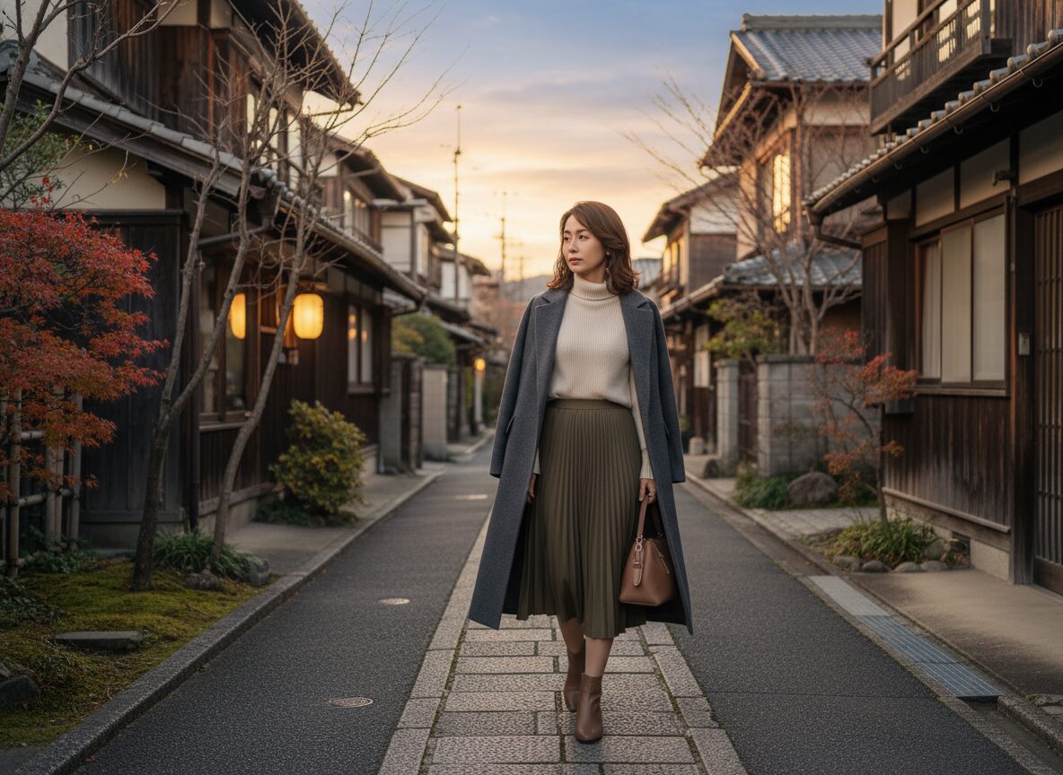 夕暮れの住宅街をゆっくり歩く40代女性