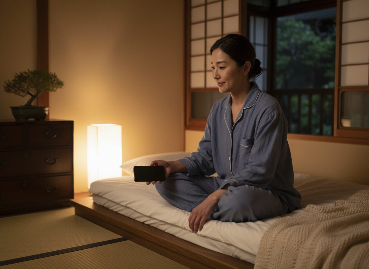 夜の実家の部屋でスマホを置いて気持ちを整える40代女性
