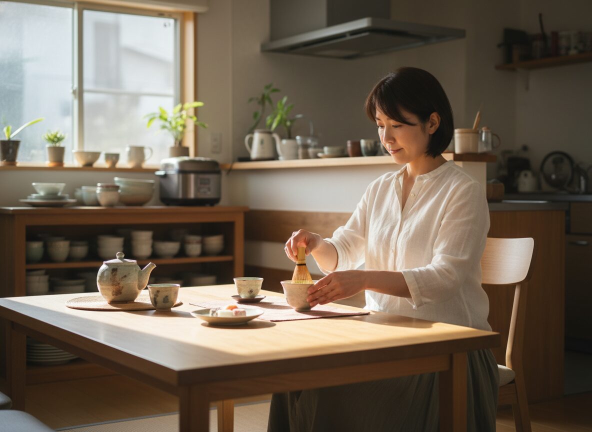 朝の実家のダイニングでお茶を用意する40代女性