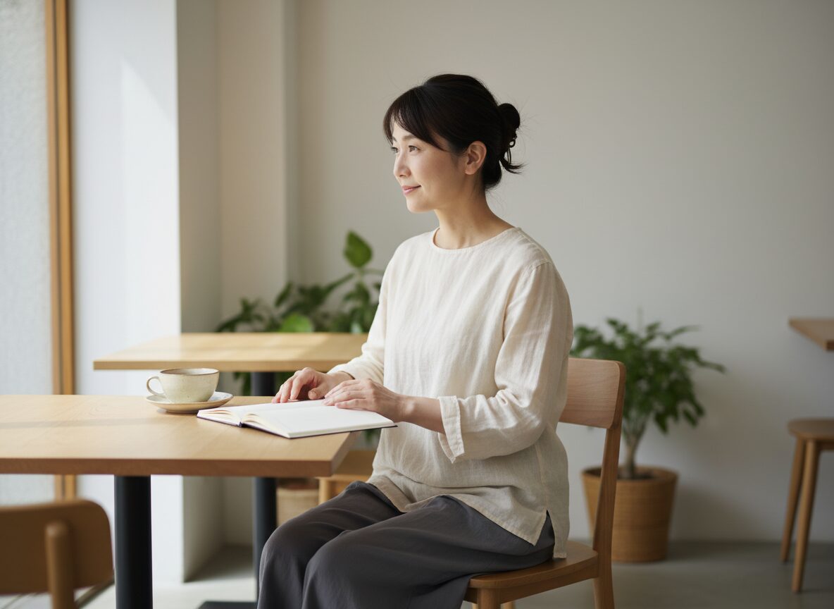 カフェで白紙のノートを前に不安を整理する40代女性