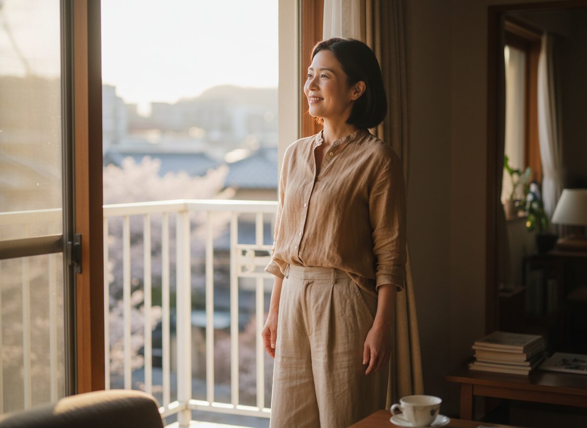 朝の窓辺で穏やかに外を眺める40代女性