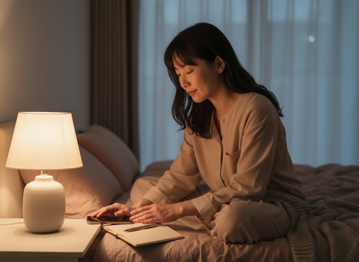 スマホを置いて深呼吸する女性