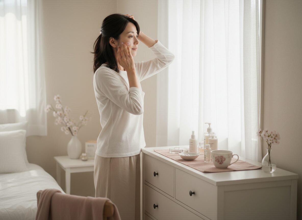 朝の部屋で身支度を整える女性