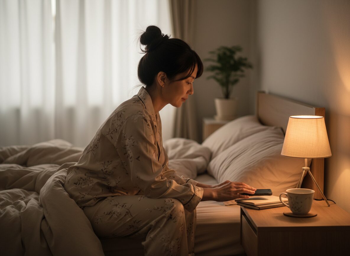 スマホを置いて眠る準備をする女性