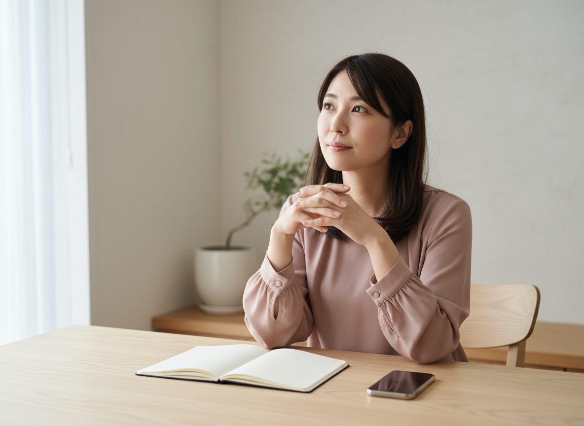 スマホと手帳を前に復縁の選択を考える女性