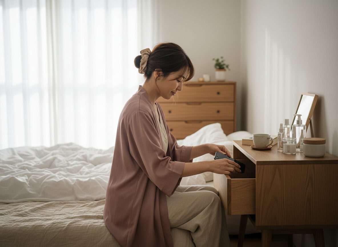 スマホを置いて朝の支度をする女性
