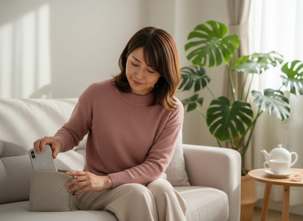 SNS画面を閉じて深呼吸する女性