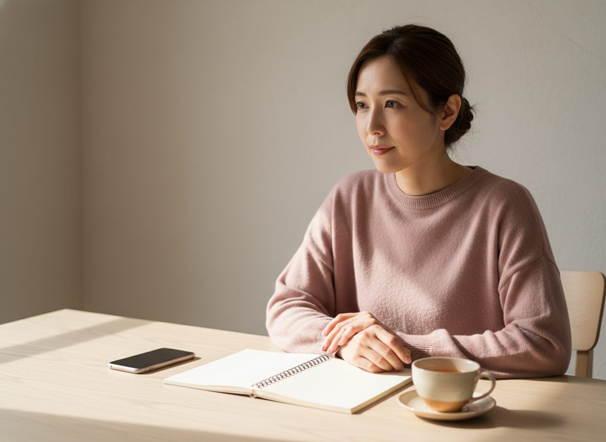 手帳に安心と結果の2択を書き出す女性