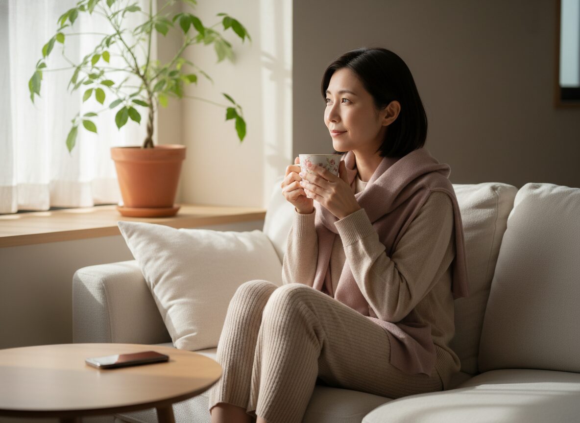 朝の光の中でスマホから離れて過ごす女性